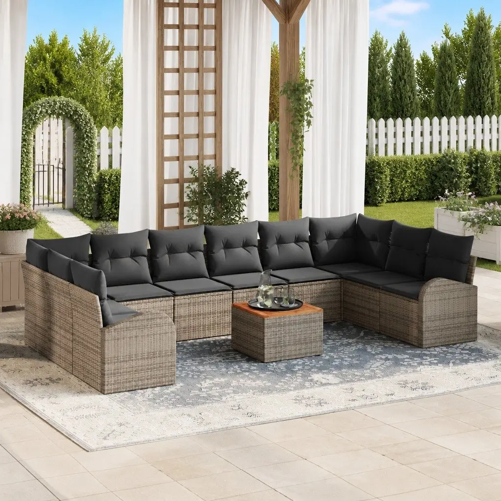Garden Sofa Set Poly Rattan Acacia Wood 11 Piece Grey Modular Outdoor Lounge Furniture