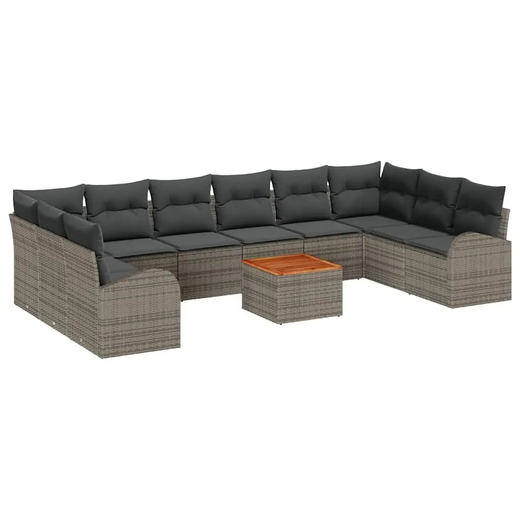 Garden Sofa Set Poly Rattan Acacia Wood 11 Piece Grey Modular Outdoor Lounge Furniture