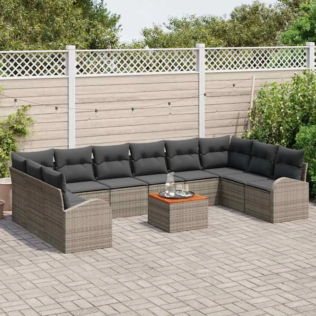 Garden Sofa Set Poly Rattan Acacia Wood 11 Piece Grey Modular Outdoor Lounge Furniture