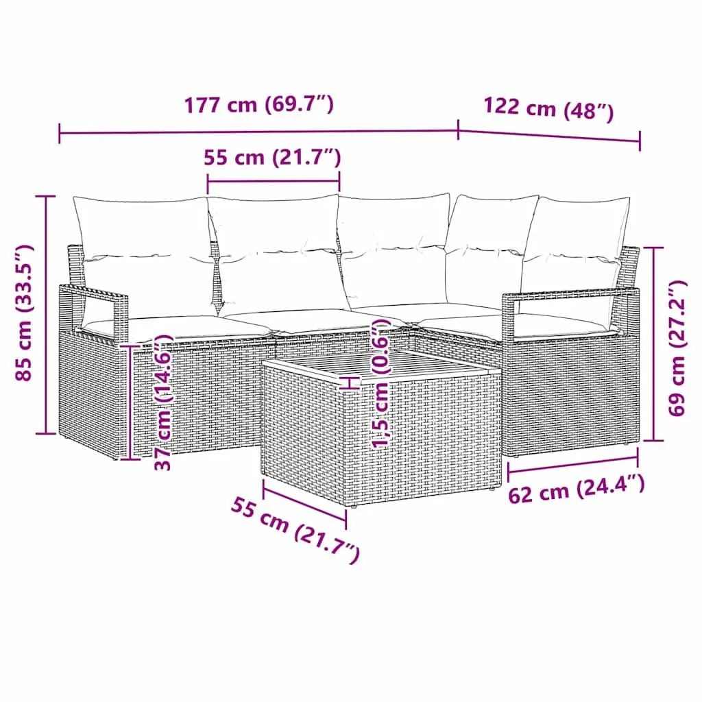 5-Piece Modular Garden Sofa Set in Grey Poly Rattan