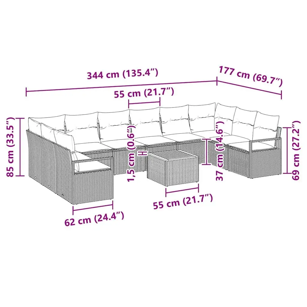 Modular Sofa Set Poly Rattan Acacia Wood 11 Pieces Grey Outdoor Sectional Furniture