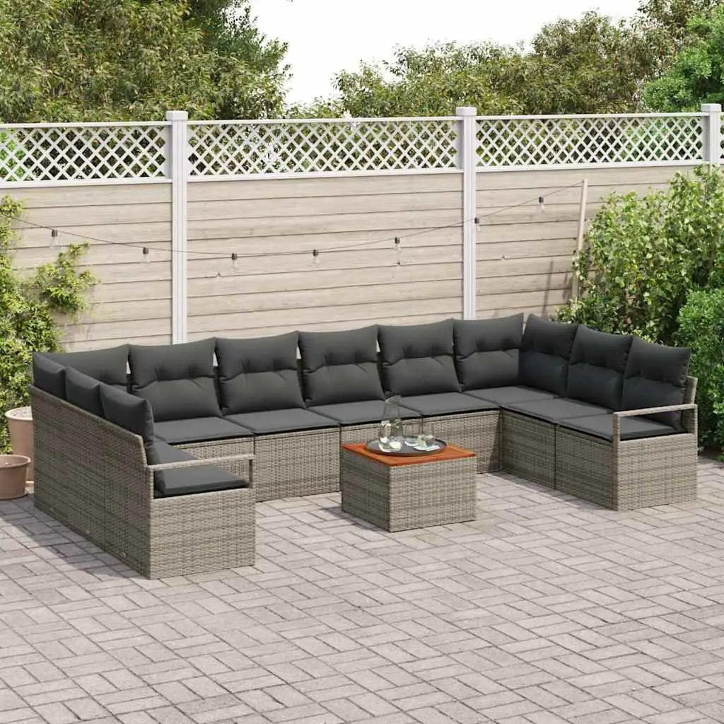 Modular Sofa Set Poly Rattan Acacia Wood 11 Pieces Grey Outdoor Sectional Furniture