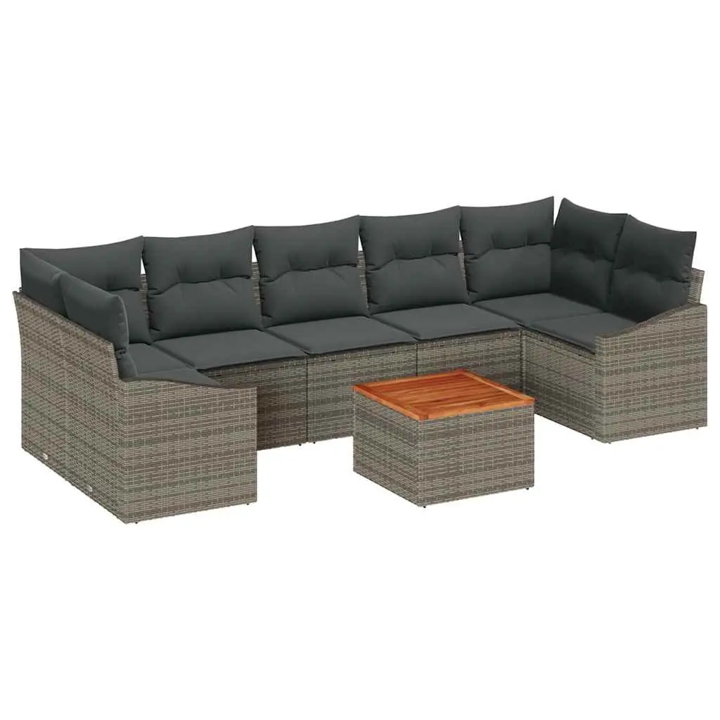Outdoor Sofa Set Poly Rattan Acacia Wood 8 Piece Grey