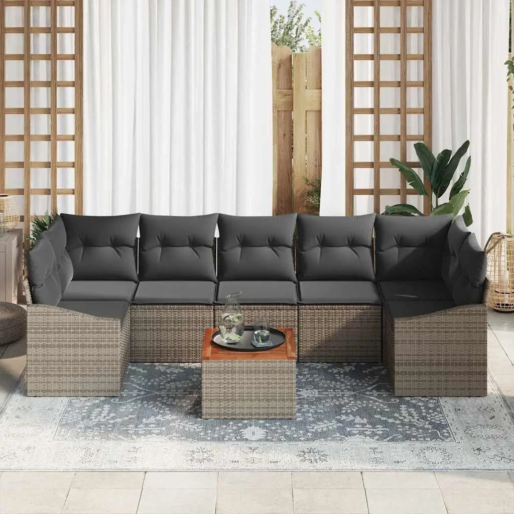 Outdoor Sofa Set Poly Rattan Acacia Wood 8 Piece Grey