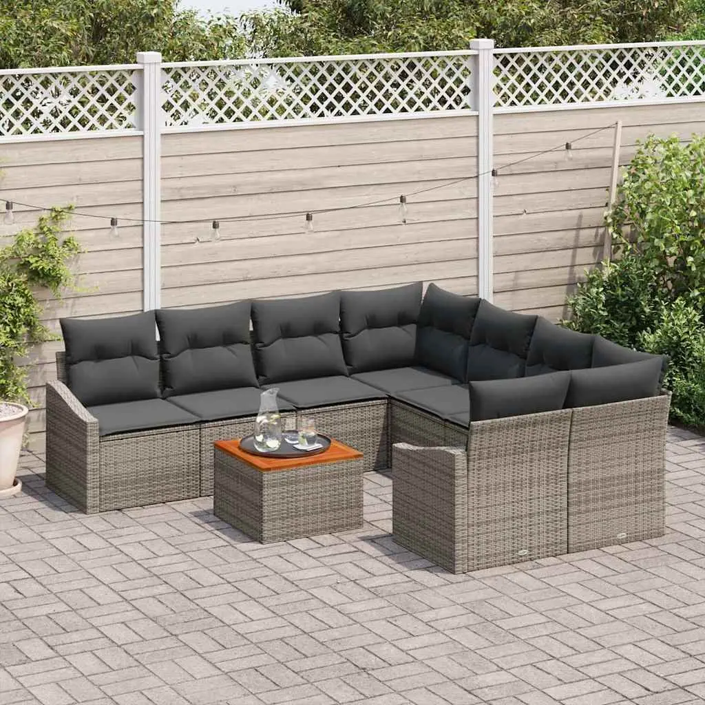 Modular Garden Sofa Set Poly Rattan Solid Acacia Wood Powder-Coated Steel 9 Piece Grey Outdoor Furniture