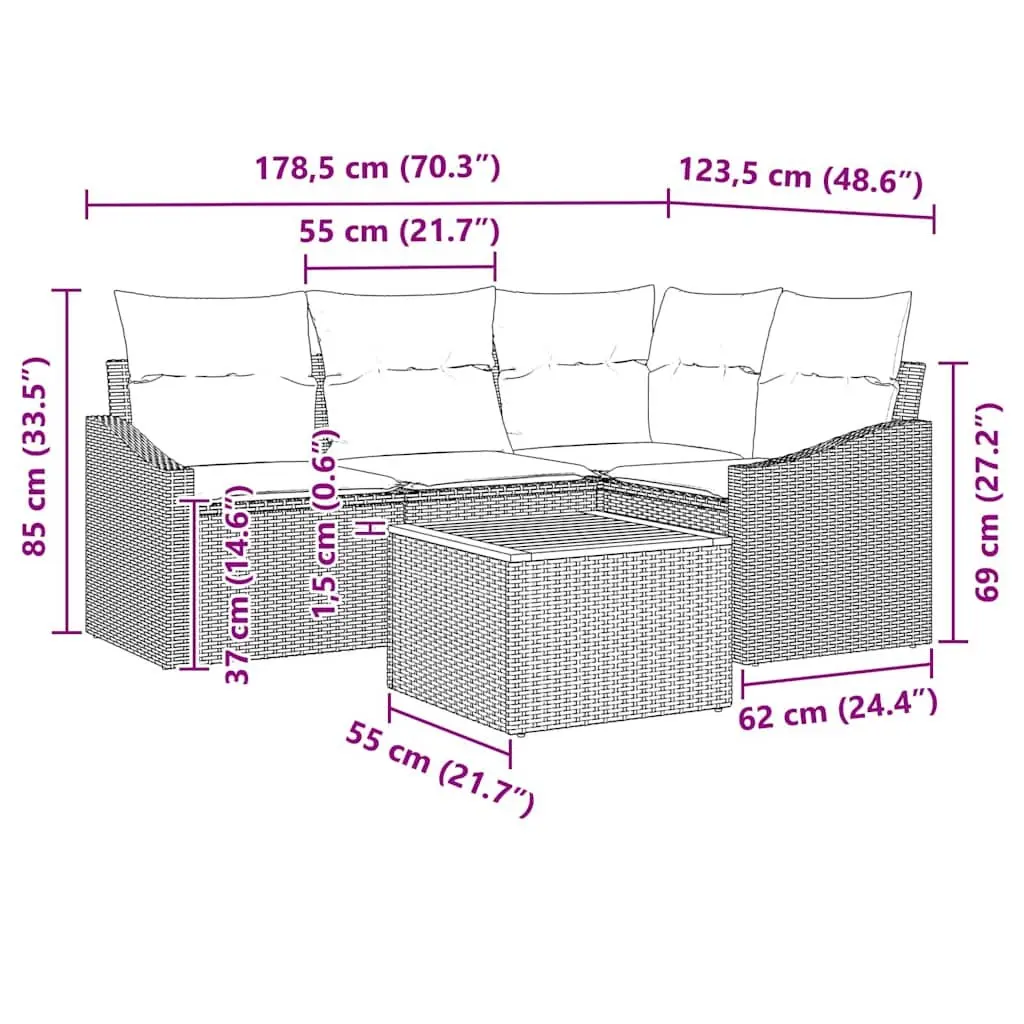5 Piece Grey Poly Rattan Garden Sofa Set