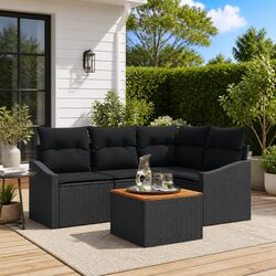 Durable 5-Piece Black Poly Rattan Garden Sofa Set