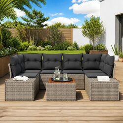 Outdoor Garden Sofa Set 7 Pieces Grey Poly Rattan
