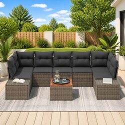 8-Piece Grey Poly Rattan Garden Sofa Set with Storage