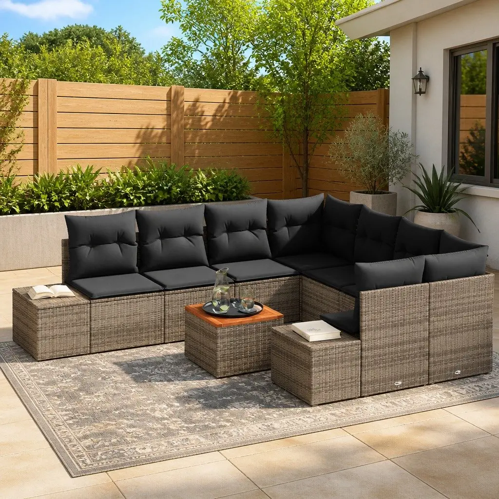Modular Garden Sofa Set 9 Piece Poly Rattan Grey with Storage