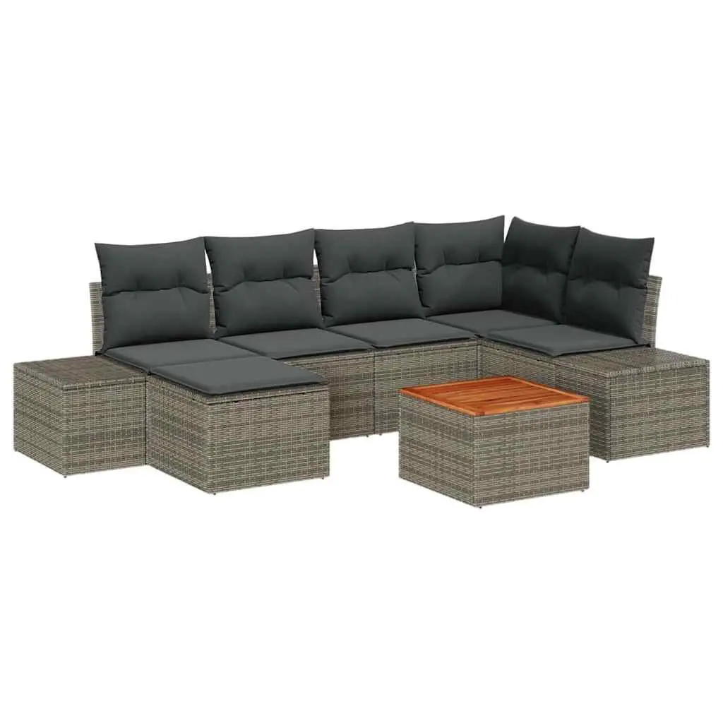 Garden Sofa Set PE Rattan Powder-Coated Steel Solid Acacia Wood 7 Piece Grey Outdoor Furniture Modular Patio Sectional