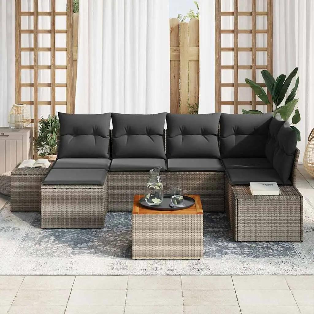 Garden Sofa Set PE Rattan Powder-Coated Steel Solid Acacia Wood 7 Piece Grey Outdoor Furniture Modular Patio Sectional