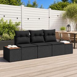 Outdoor Garden Sofa Set 3 Pcs Black Poly Rattan with Storage Cushions Seating