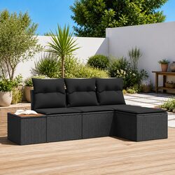 Outdoor Garden Sofa Set 4 Piece Modular Black Poly Rattan Seating with Cushions