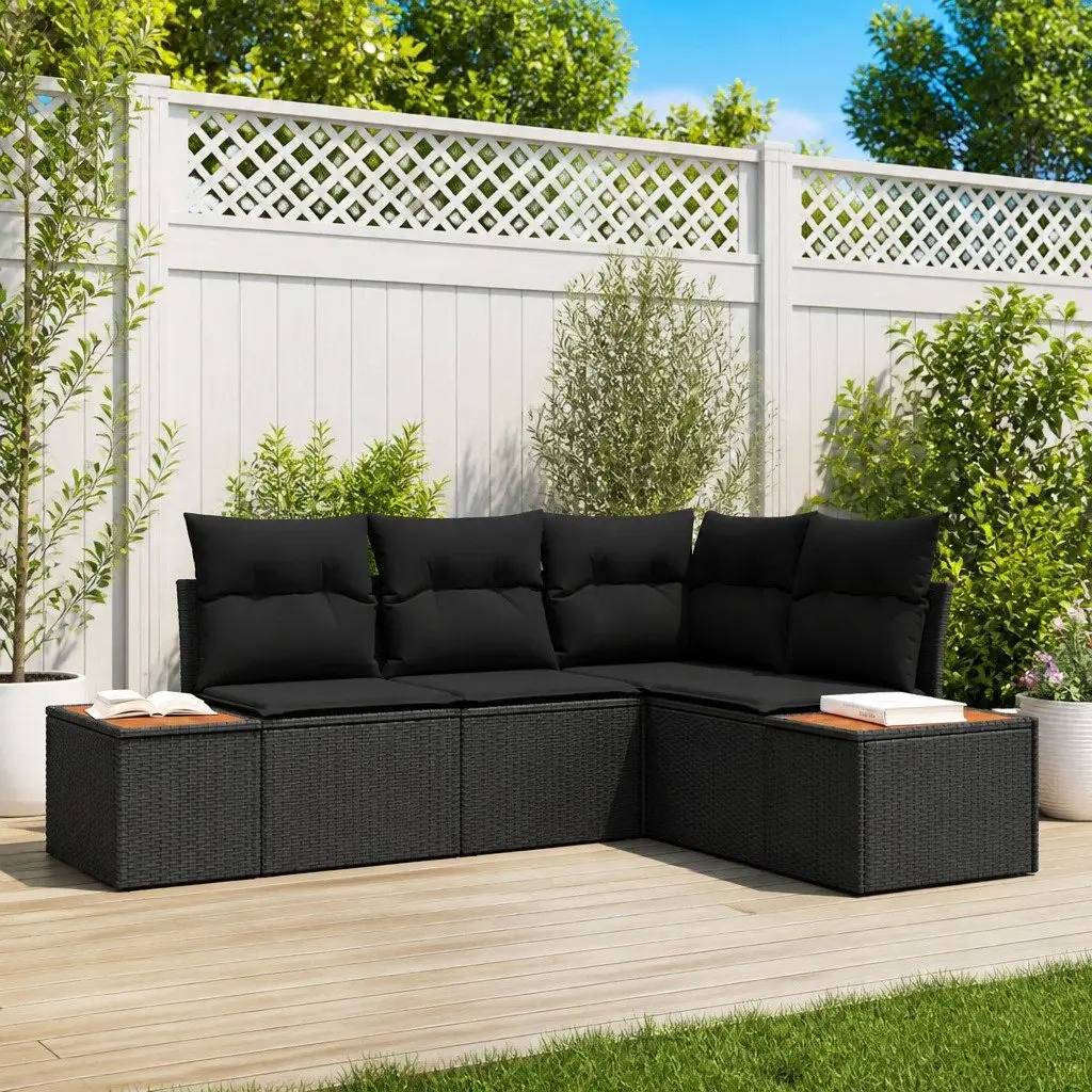 Modular Outdoor Sofa Set Poly Rattan Solid Acacia Wood 4 Piece Black