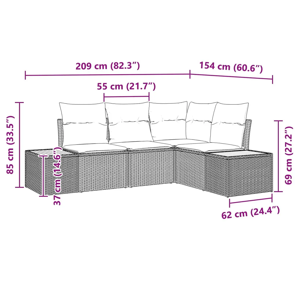 Modular Outdoor Sofa Set Poly Rattan Solid Acacia Wood 4 Piece Black
