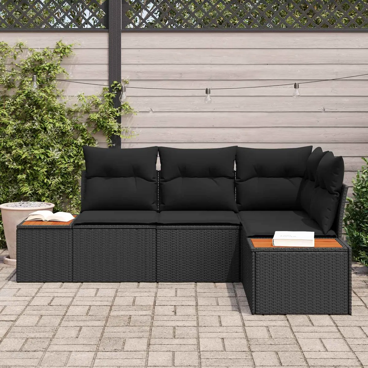 Modular Outdoor Sofa Set Poly Rattan Solid Acacia Wood 4 Piece Black