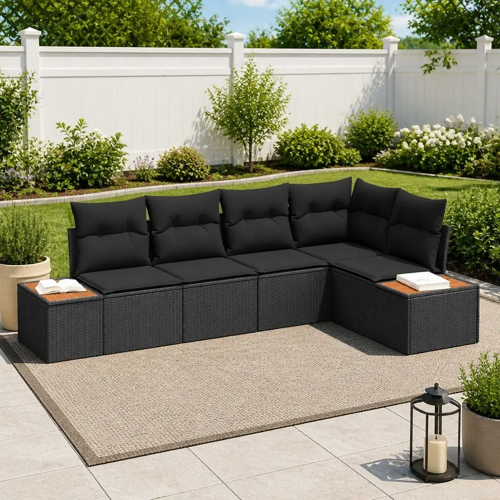 5-Piece Black Poly Rattan Garden Sofa Set