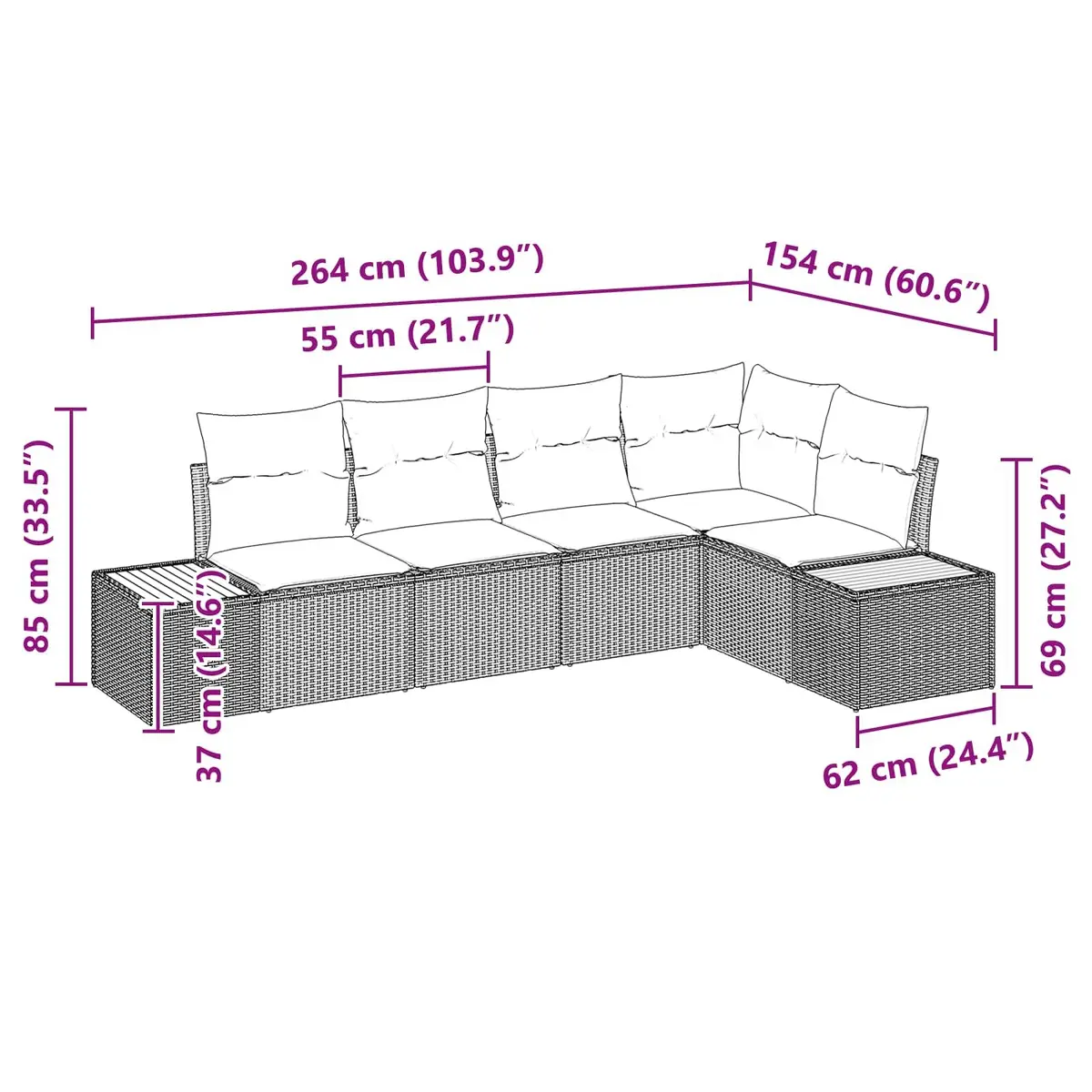 5-Piece Black Poly Rattan Garden Sofa Set