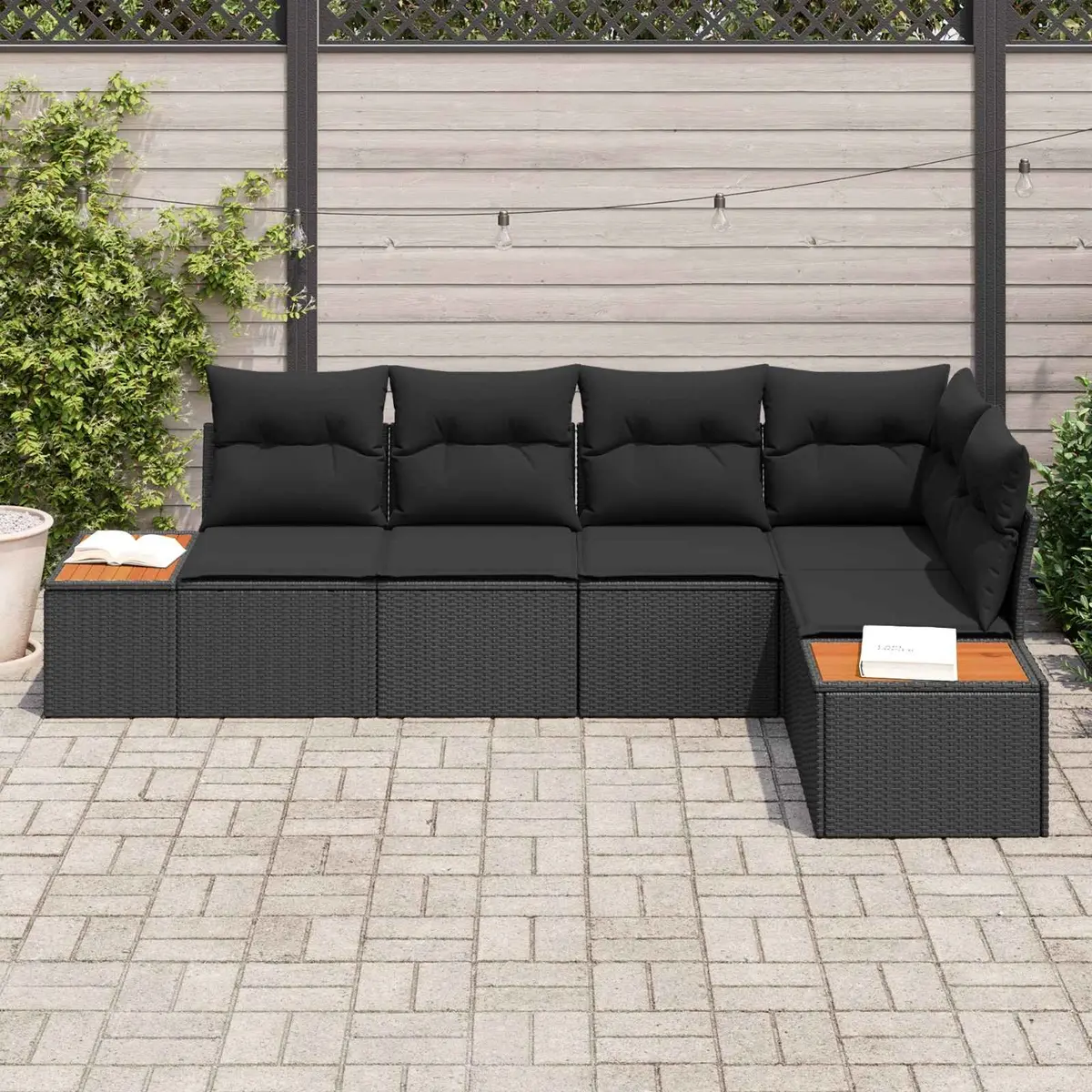5-Piece Black Poly Rattan Garden Sofa Set