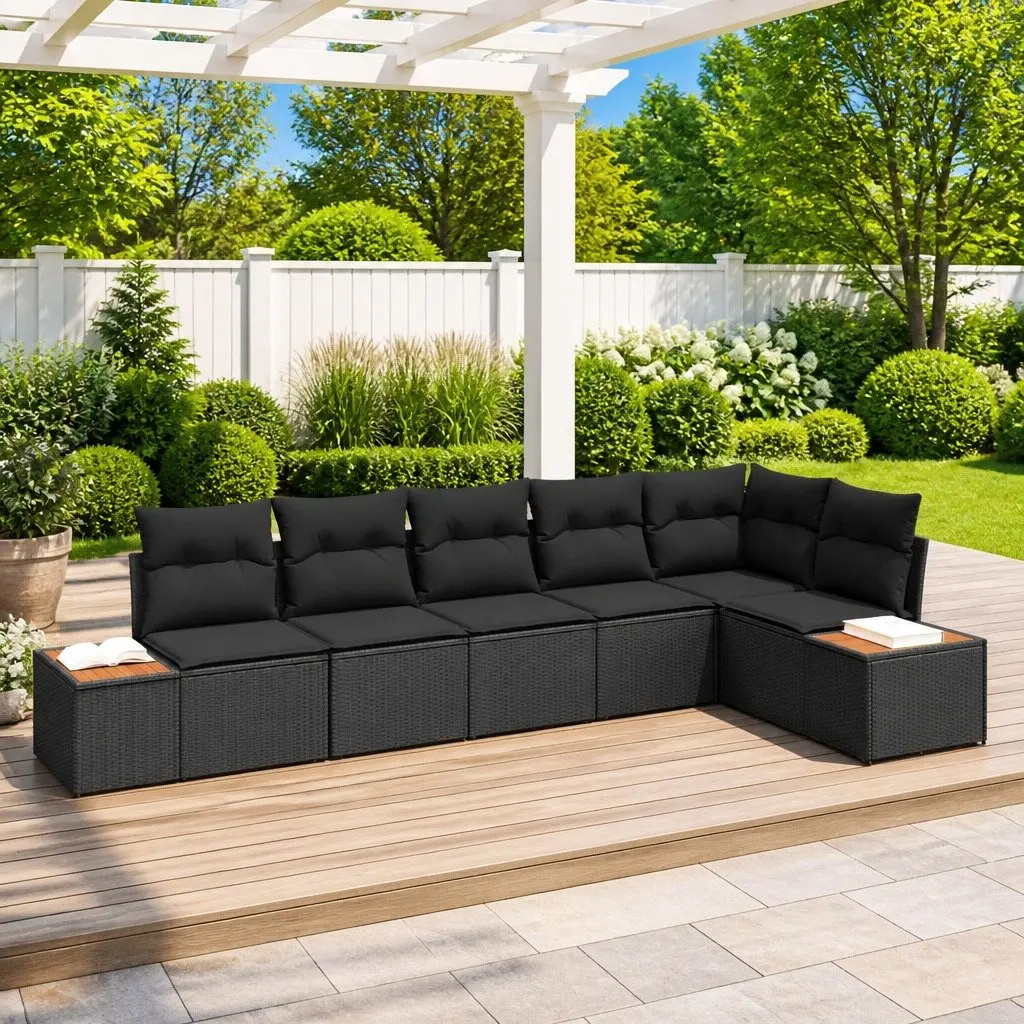 Modular Garden Sofa Set Synthetic Poly Rattan Acacia Wood Black 6 Piece