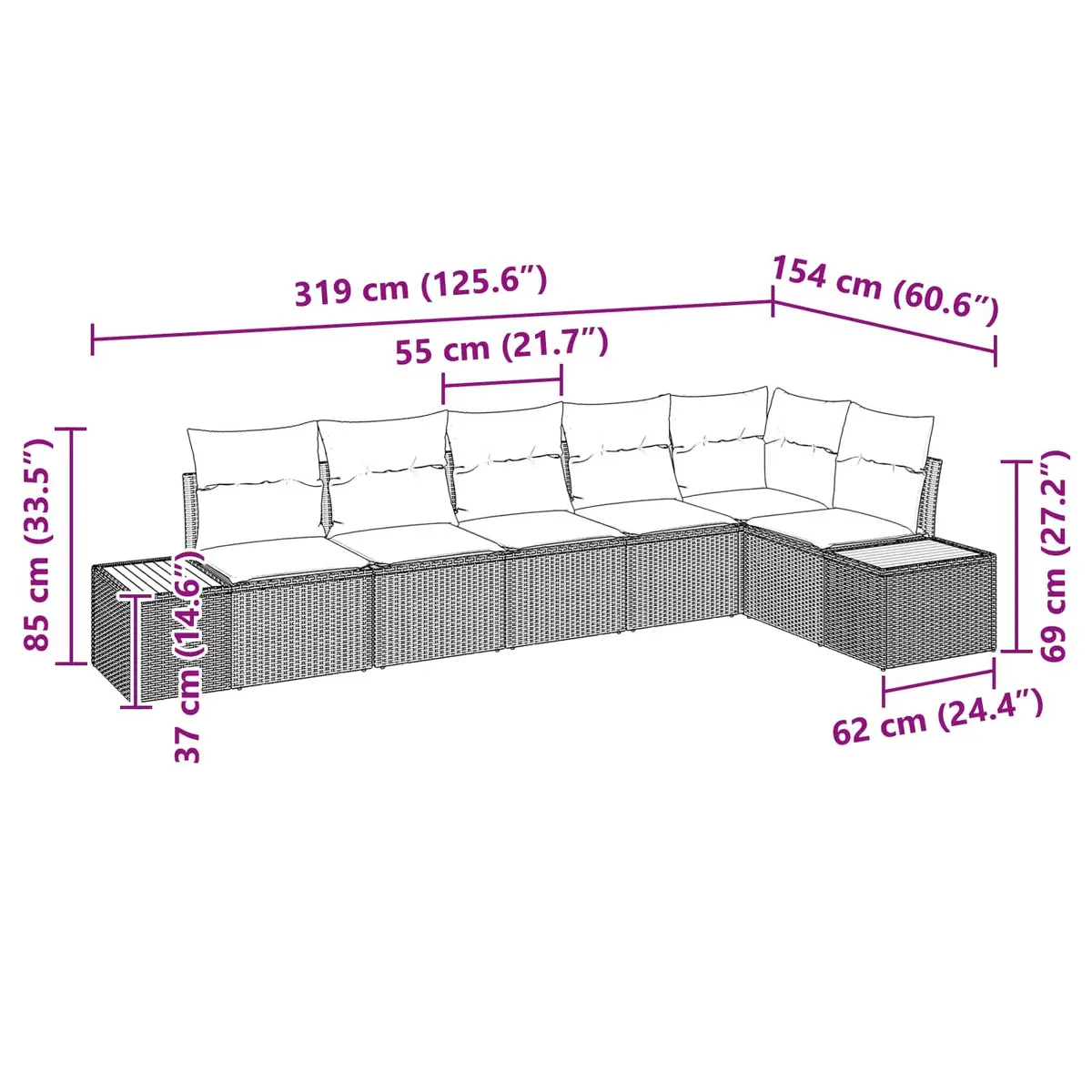 Modular Garden Sofa Set Synthetic Poly Rattan Acacia Wood Black 6 Piece
