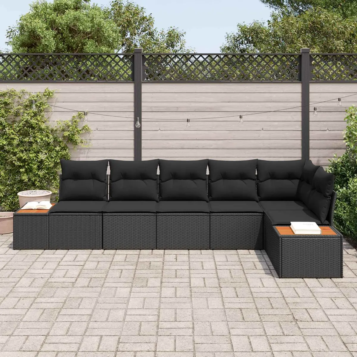 Modular Garden Sofa Set Synthetic Poly Rattan Acacia Wood Black 6 Piece