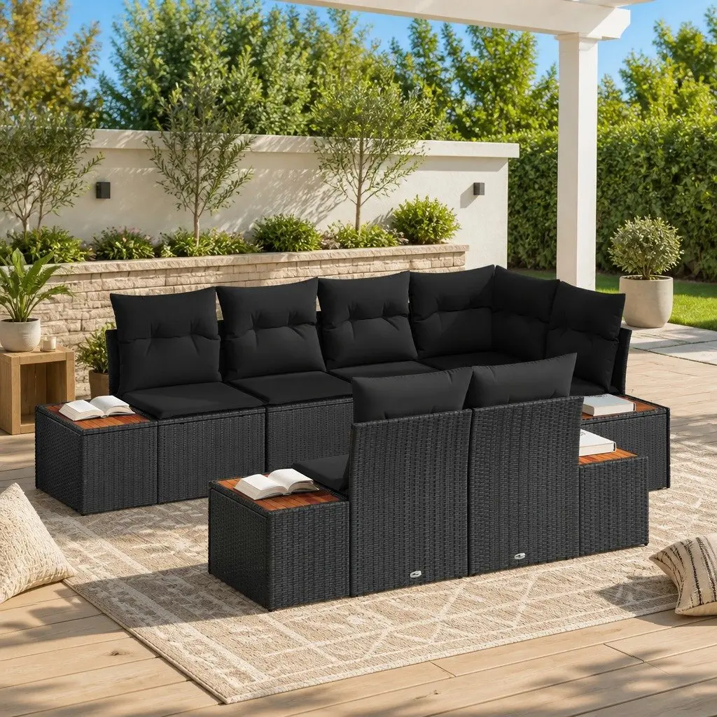 7-Piece Modular Outdoor Sofa Set with Poly Rattan Black