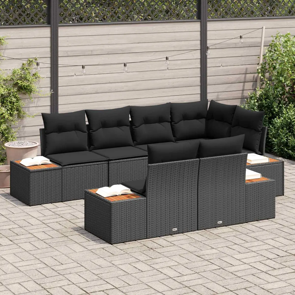 7-Piece Modular Outdoor Sofa Set with Poly Rattan Black