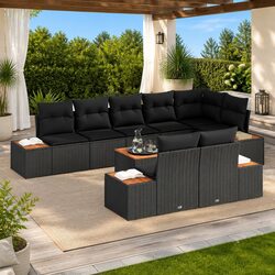 8-Piece Black Poly Rattan Outdoor Garden Sofa Set