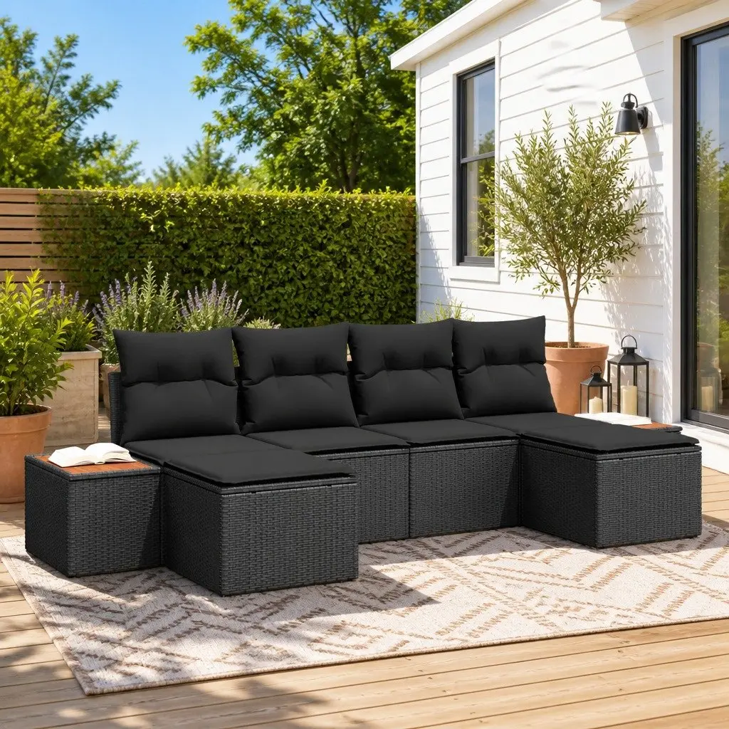6-Piece Modular Black Poly Rattan Garden Sofa Set