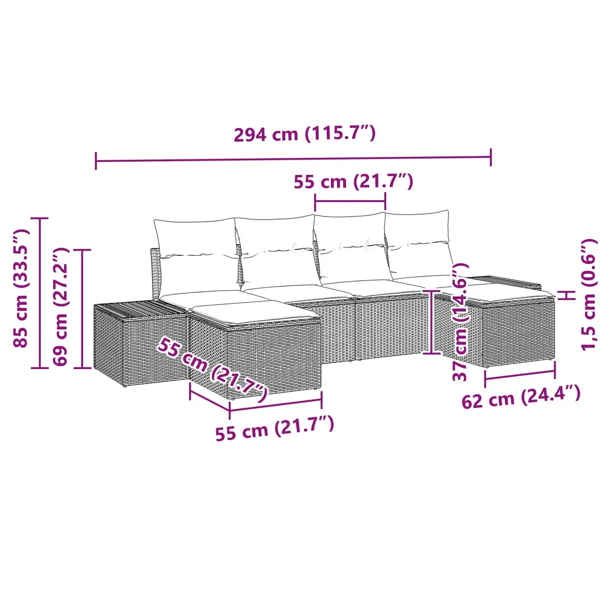 6-Piece Modular Black Poly Rattan Garden Sofa Set