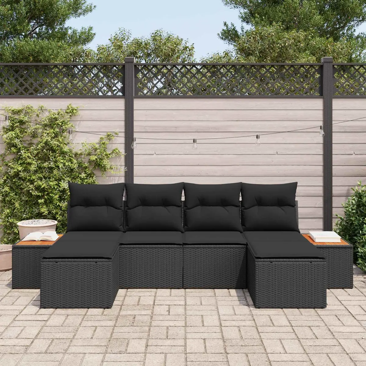 6-Piece Modular Black Poly Rattan Garden Sofa Set