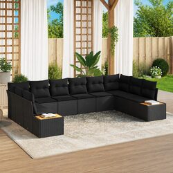 Outdoor Garden Sofa Set 10 Pieces Black Poly Rattan Modular Seating Cushions