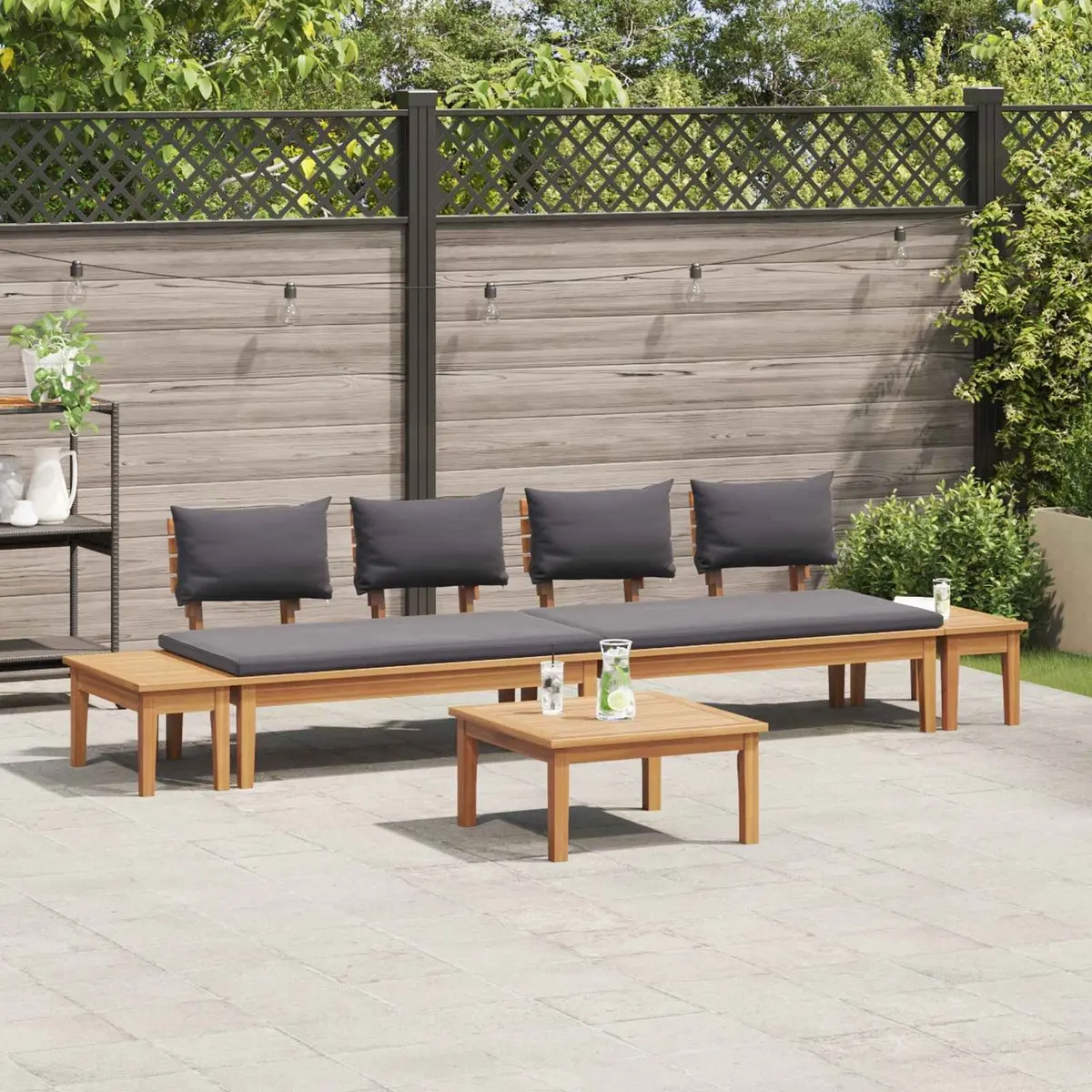 Garden Sofa Set Solid Teak Wood 5 Pieces Brown Grey Outdoor Furniture