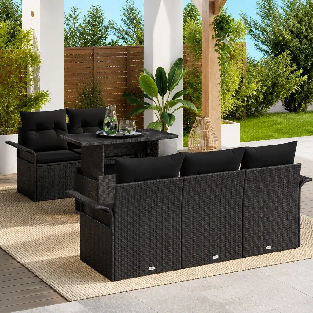 6-Piece Black Poly Rattan Modular Garden Sofa Set