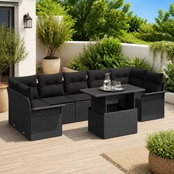 8-Piece Black Poly Rattan Modular Garden Sofa Set