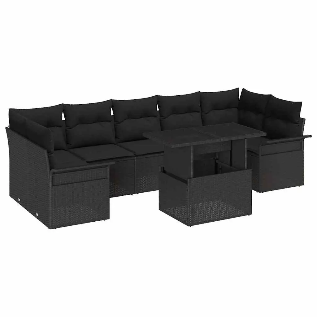 8-Piece Black Poly Rattan Modular Garden Sofa Set