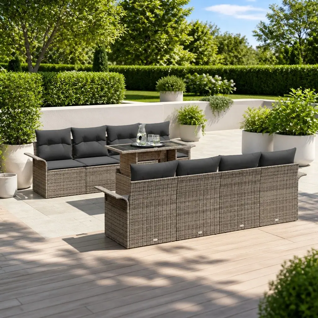 Modular Garden Sofa Set Poly Rattan 9 Pieces Grey Outdoor Patio Furniture