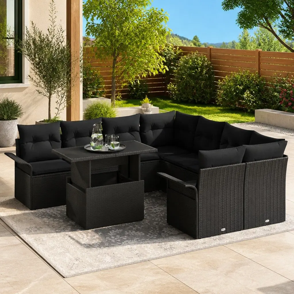 Black Poly Rattan 9-Piece Modular Garden Sofa Set