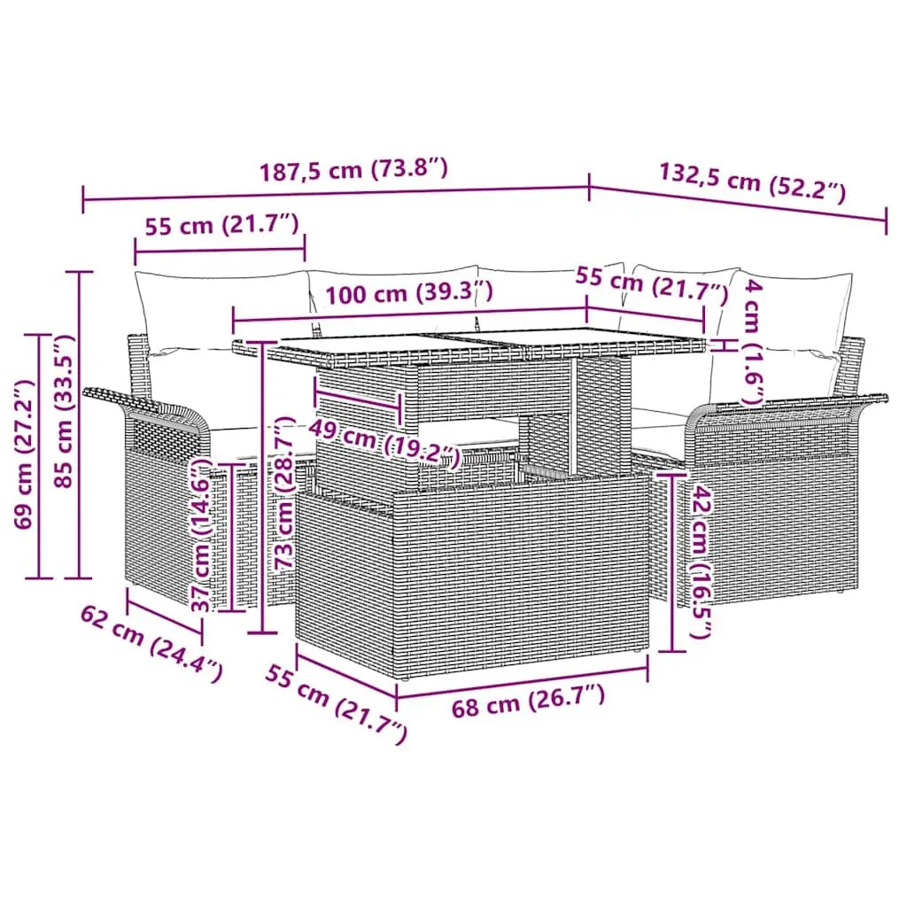 5-Piece Grey Modular Garden Sofa Set with Cushions