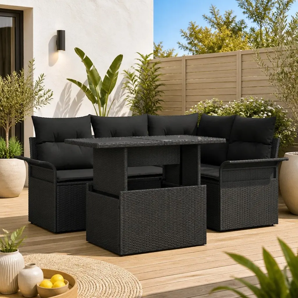 5 Piece Modular Sofa Set Poly Rattan Black with Cushions
