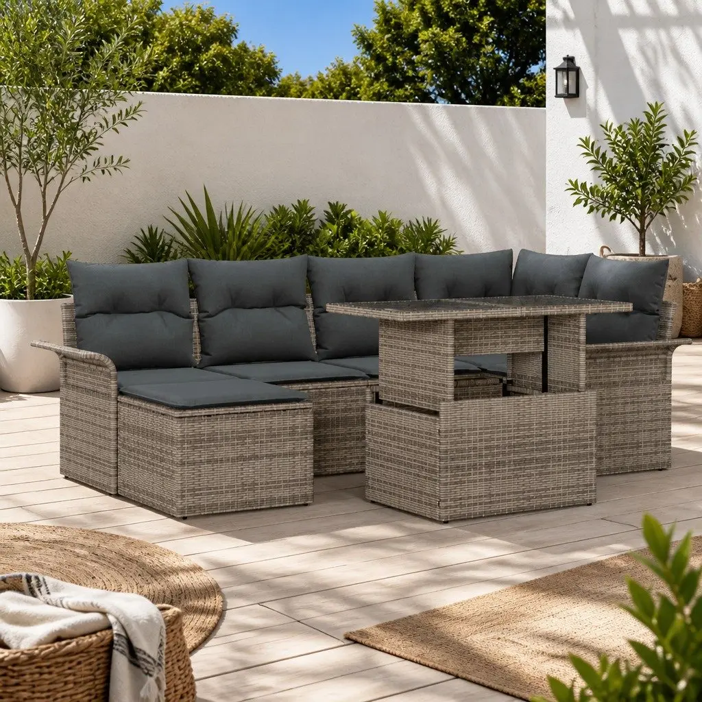 7-Piece Grey Modular Garden Sofa Set with Glass Table