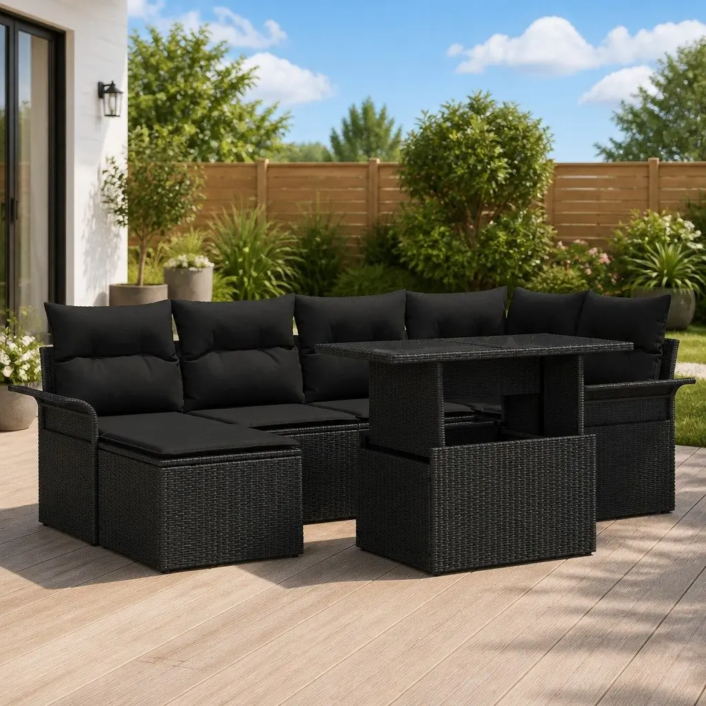 7 Piece Black Modular Outdoor Garden Sofa Set