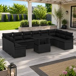 Outdoor Garden Sofa Set Modular Seating 11 Piece Black Poly Rattan with Cushions