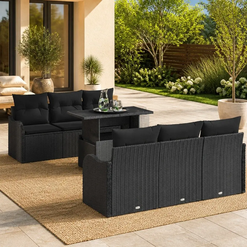 7 Piece Modular Garden Sofa Set Poly Rattan Cushions Outdoor Sectional Black