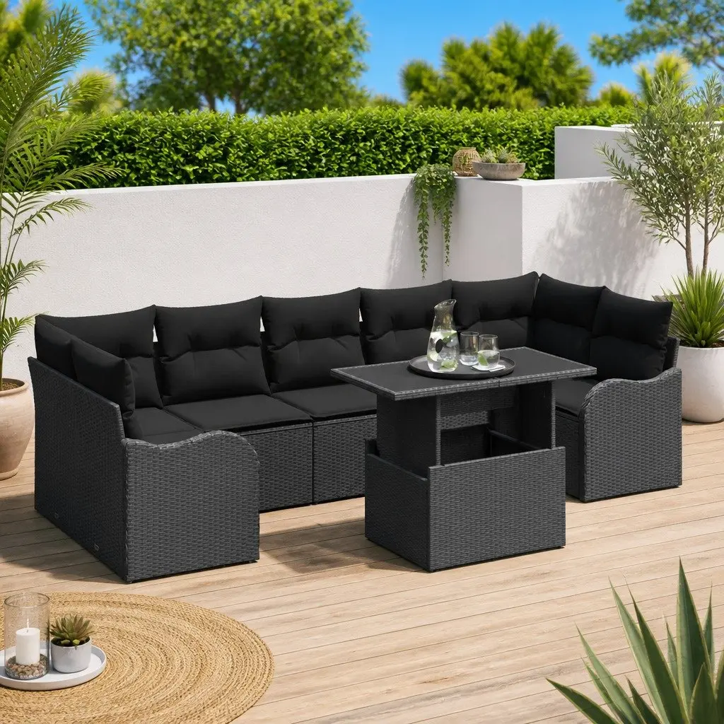 8-Piece Black Poly Rattan Outdoor Sofa Set