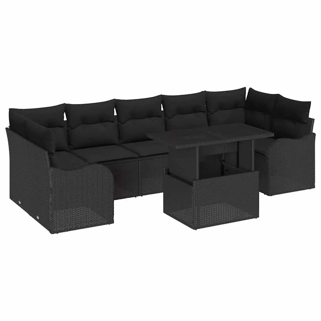 8-Piece Black Poly Rattan Outdoor Sofa Set