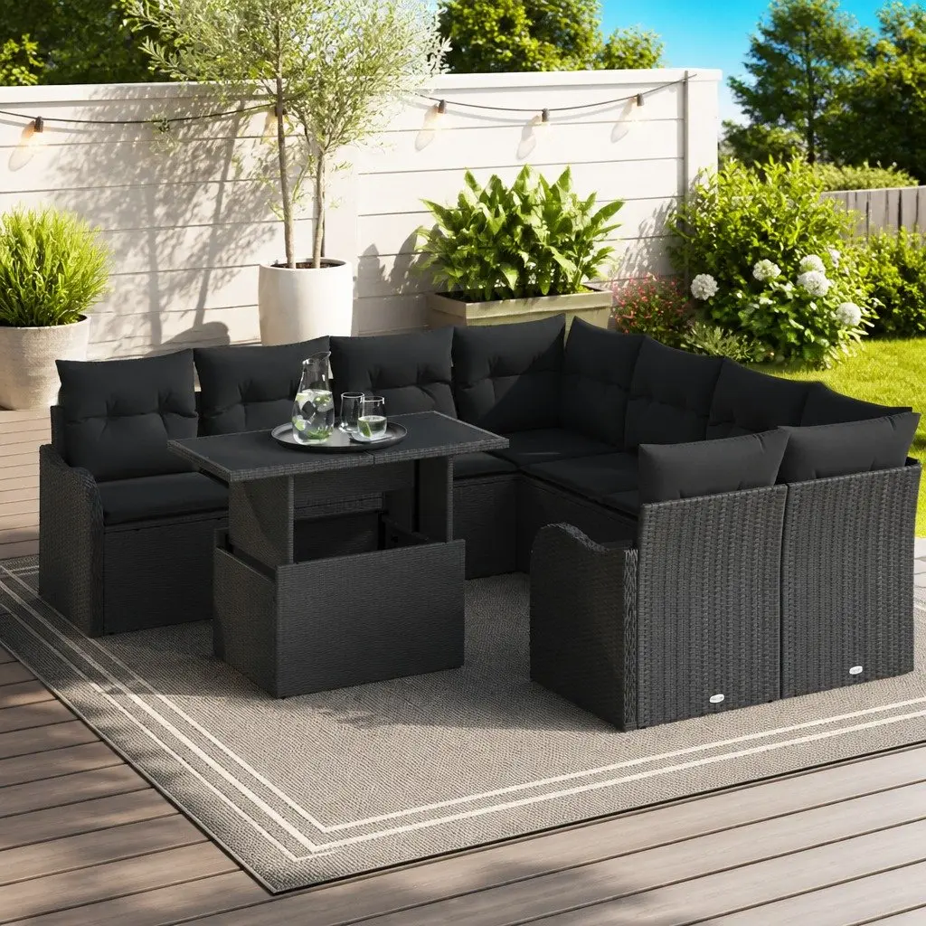 Outdoor Garden Sofa Set 9 Pieces Modular Black Poly Rattan Furniture Seating