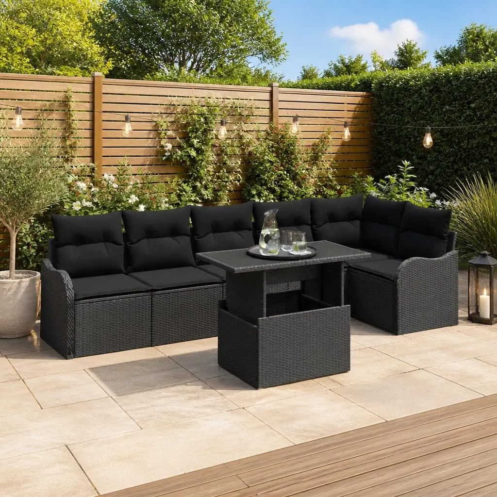 Garden Sofa Set Poly Rattan 7 Piece Outdoor Seating Black Modular Lounge